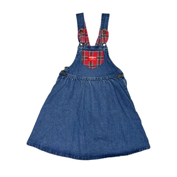 Vintage OshKosh B’Gosh Girls 6 Denim Overall Jumper Dress Bow Plaid Accents - Picture 1 of 6